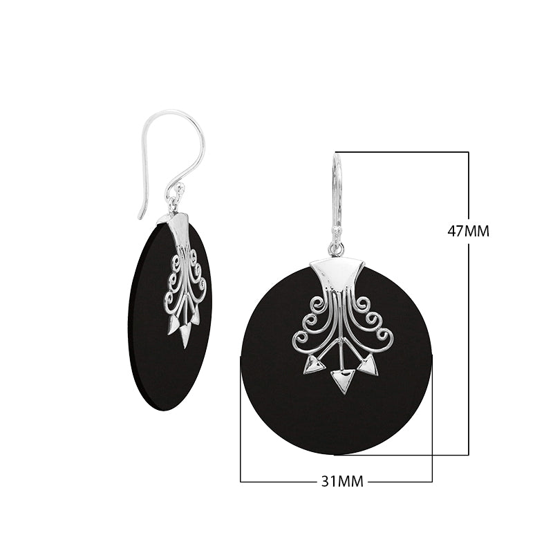 Sterling silver round Black Shell dangle earrings