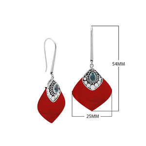 Sterling Silver Earrings With Red Coral And Blue Topaz Quartz Drop Design