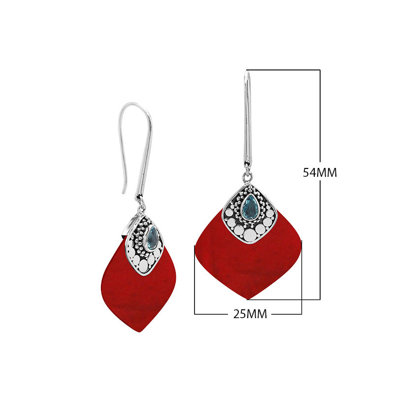 Sterling Silver Earrings With Red Coral And Blue Topaz Quartz Drop Design