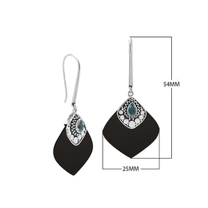 Sterling Silver Earrings With Black Shell And Blue Topaz Quartz Diamond Design