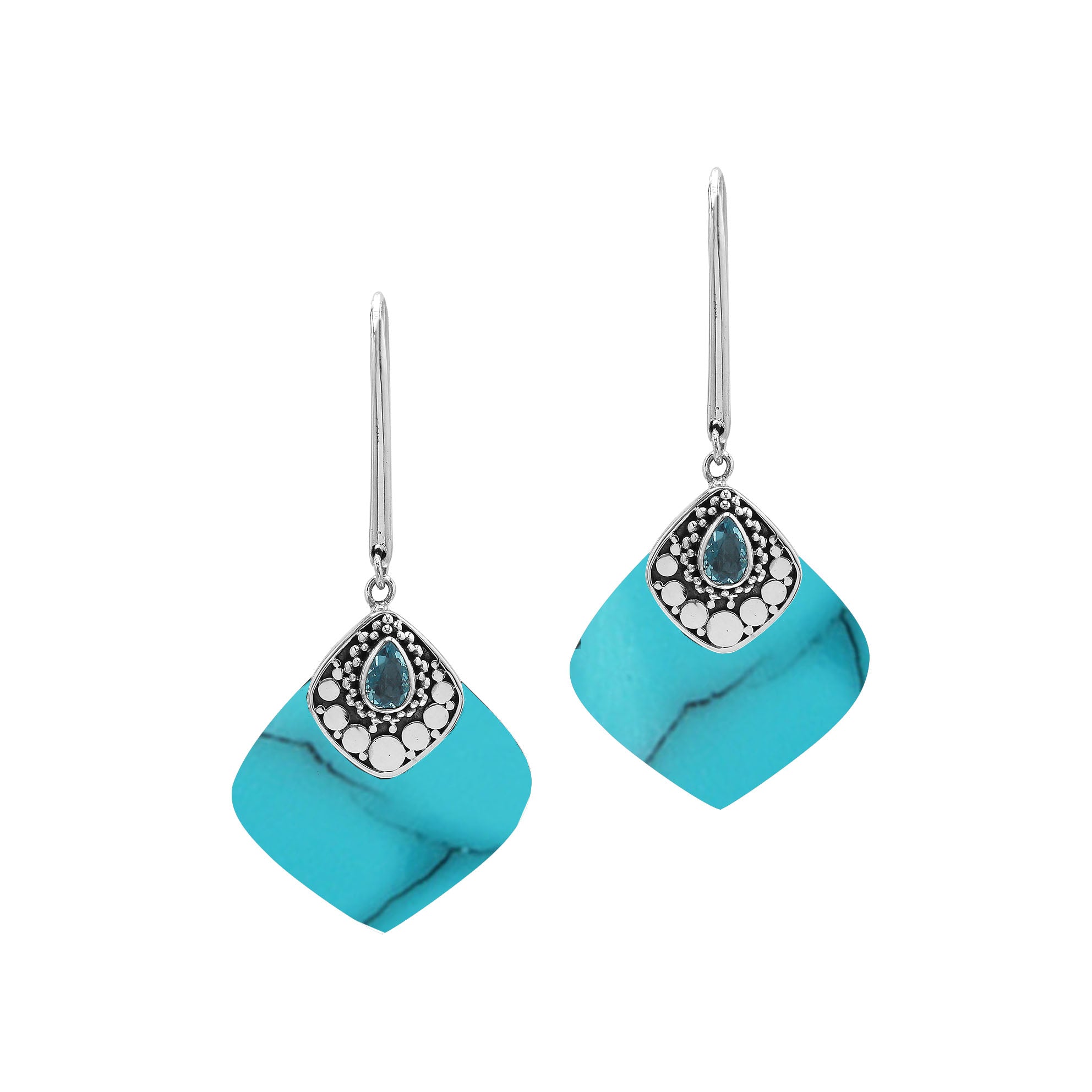 Sterling Silver Earrings With Turquoise Shell And Blue Topaz Quartz Accent