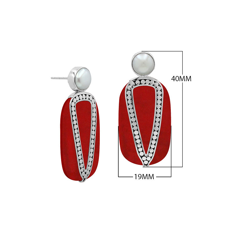 Sterling Silver Earrings With Red Coral And Pearl Accent