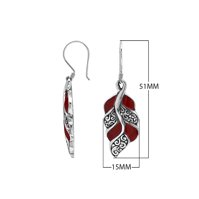 Red Coral Silver Leaf Filigree Earrings For Wholesale