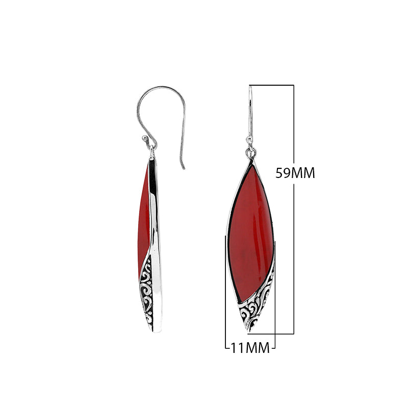 Red Coral Long Marquise Silver Earrings For Wholesale