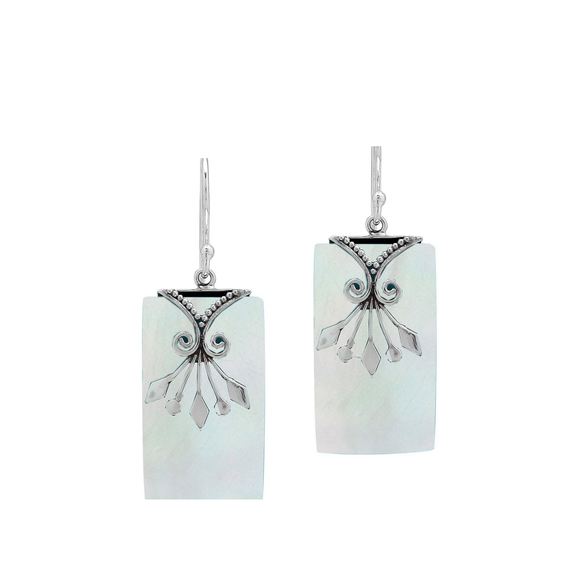 Mother of Pearl rectangular silver earrings with leaf scroll design