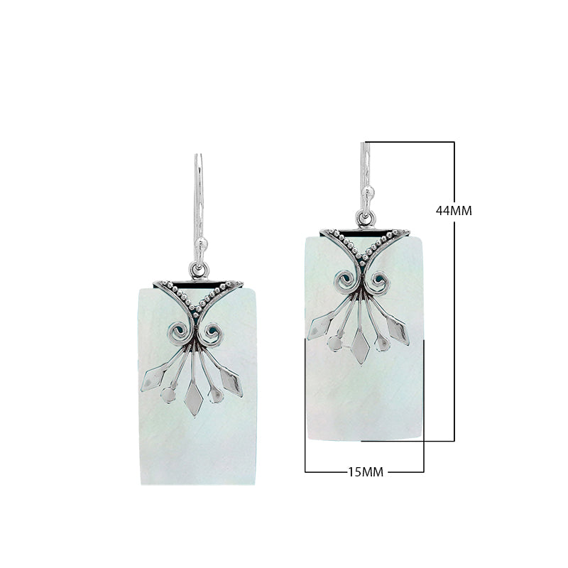 Turquoise Shell rectangular silver earrings with leaf scroll design