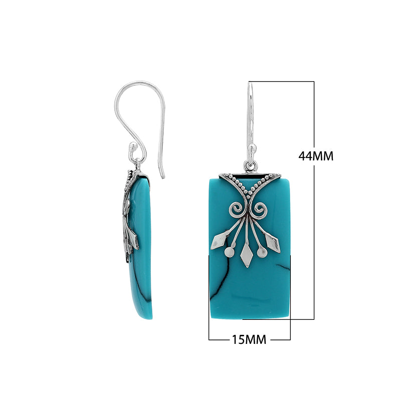 Turquoise Shell rectangular silver earrings with leaf scroll design