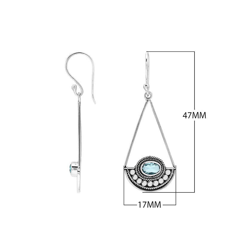 Blue Topaz Quartz triangle silver earrings with beaded frame design