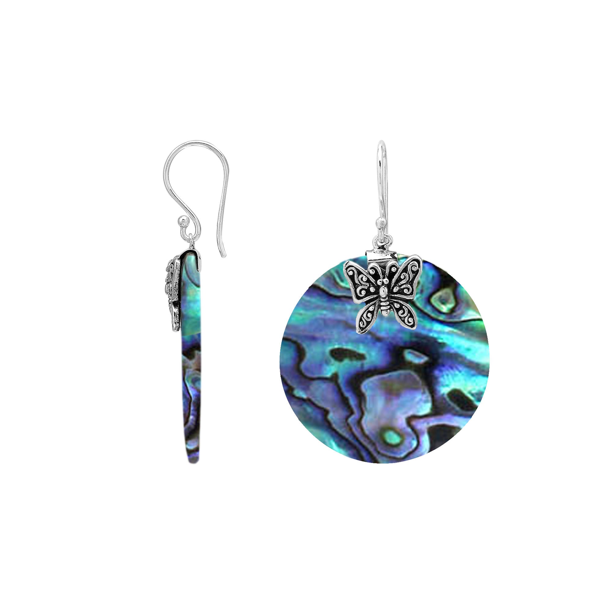 Abalone Shell round silver earrings with butterfly design