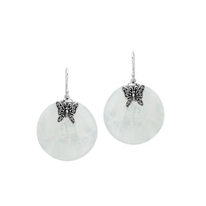 Mother Of Pearl round silver earrings with butterfly design