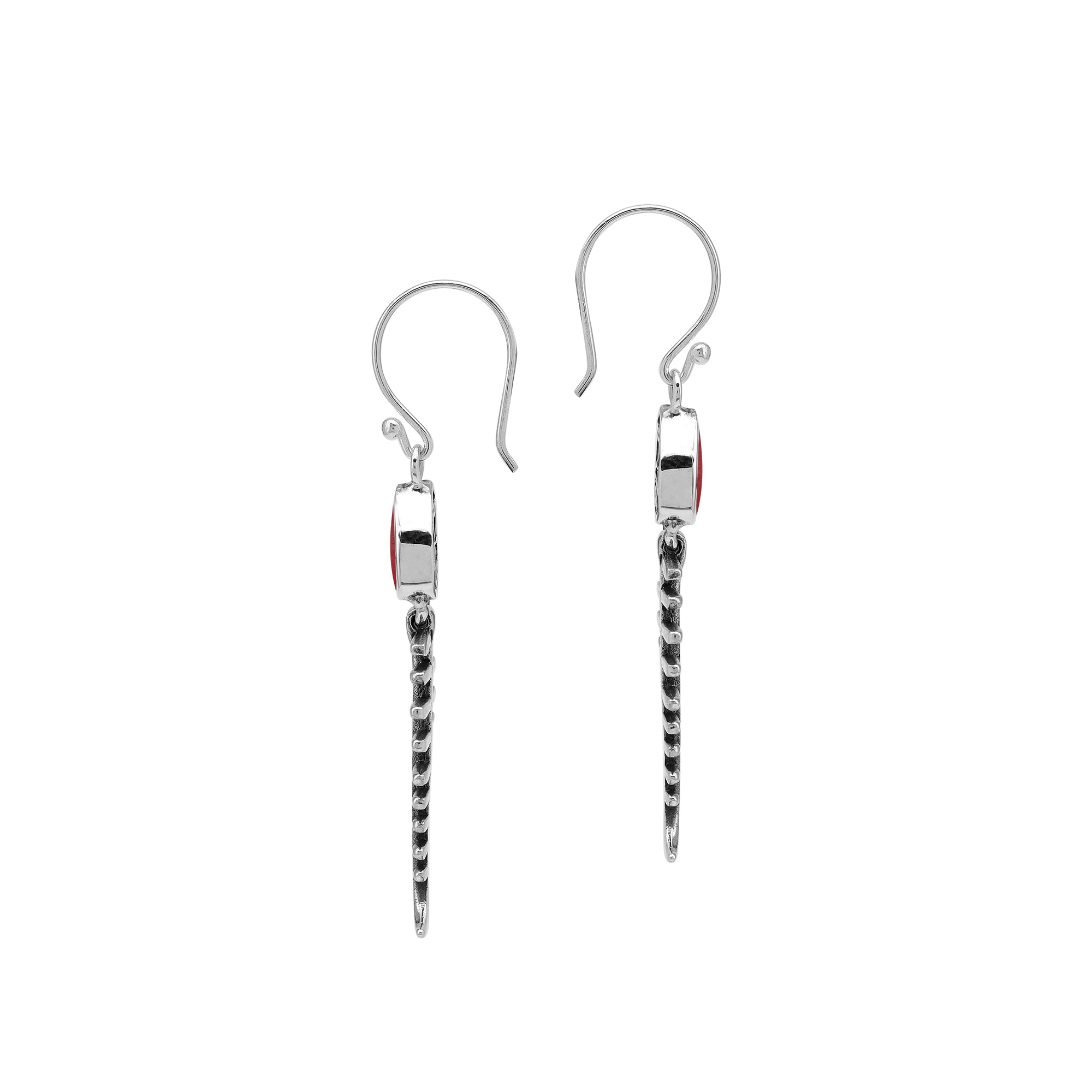 Red Coral silver fishbone earrings with artistic design