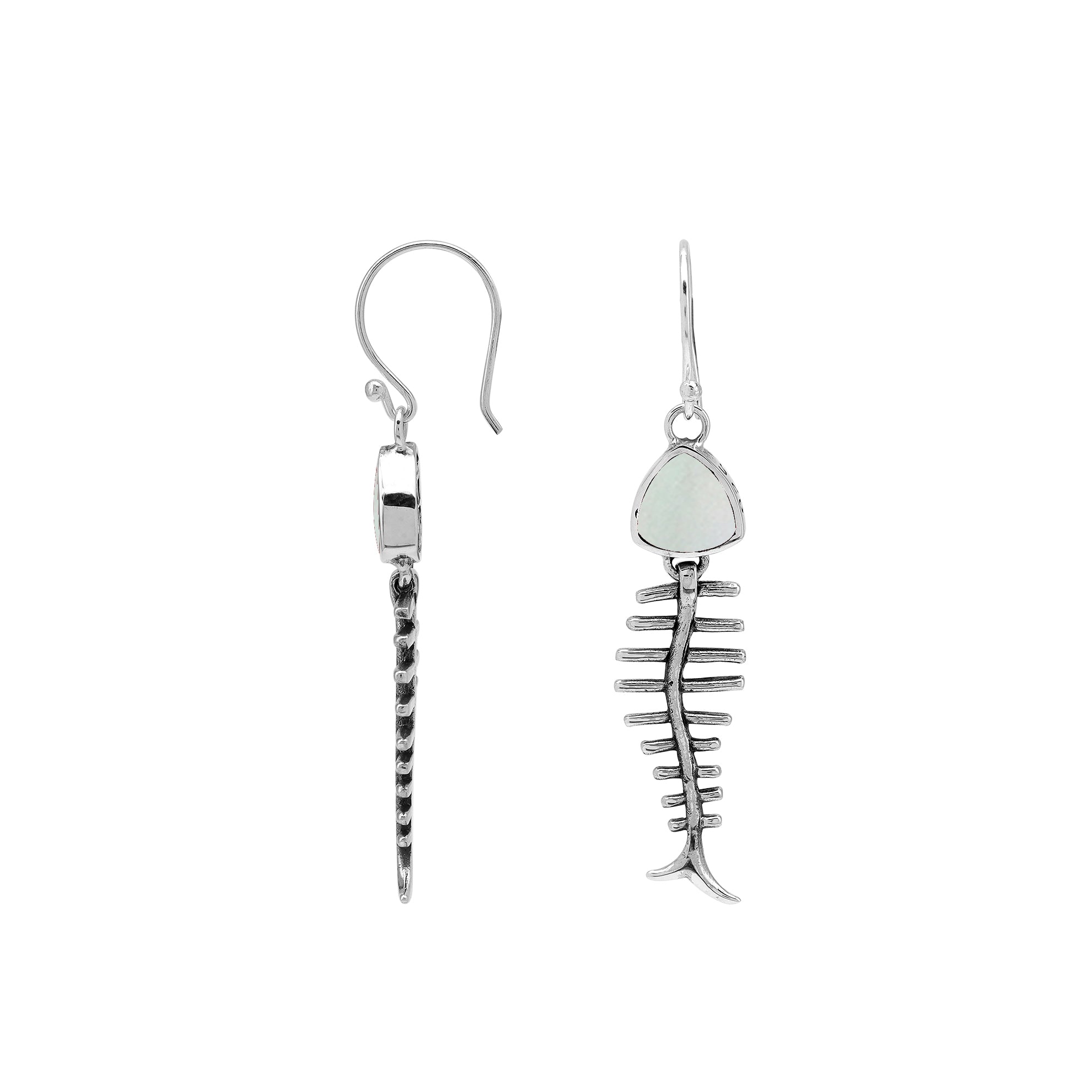 Mother Of Pearl silver fishbone earrings with artistic design