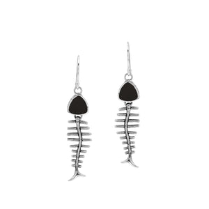 Black Shell silver fishbone earrings with artistic design