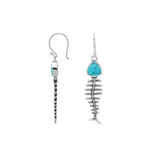 Turquoise Shell silver fishbone earrings with artistic design