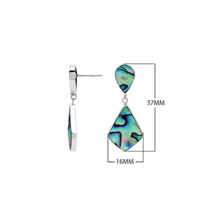 Sterling silver abalone shell geometric drop earrings with modern artisan styling.