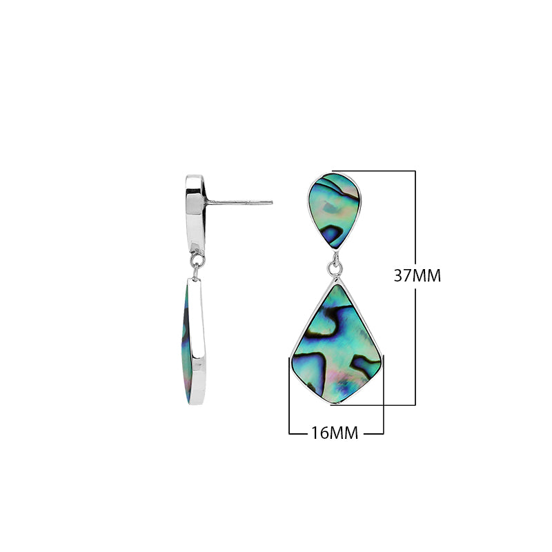 Sterling silver abalone shell geometric drop earrings with modern artisan styling.