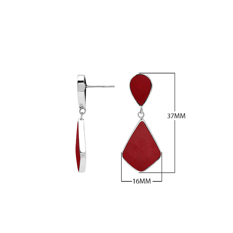 Sterling silver Red Coral geometric drop earrings with modern artisan styling.