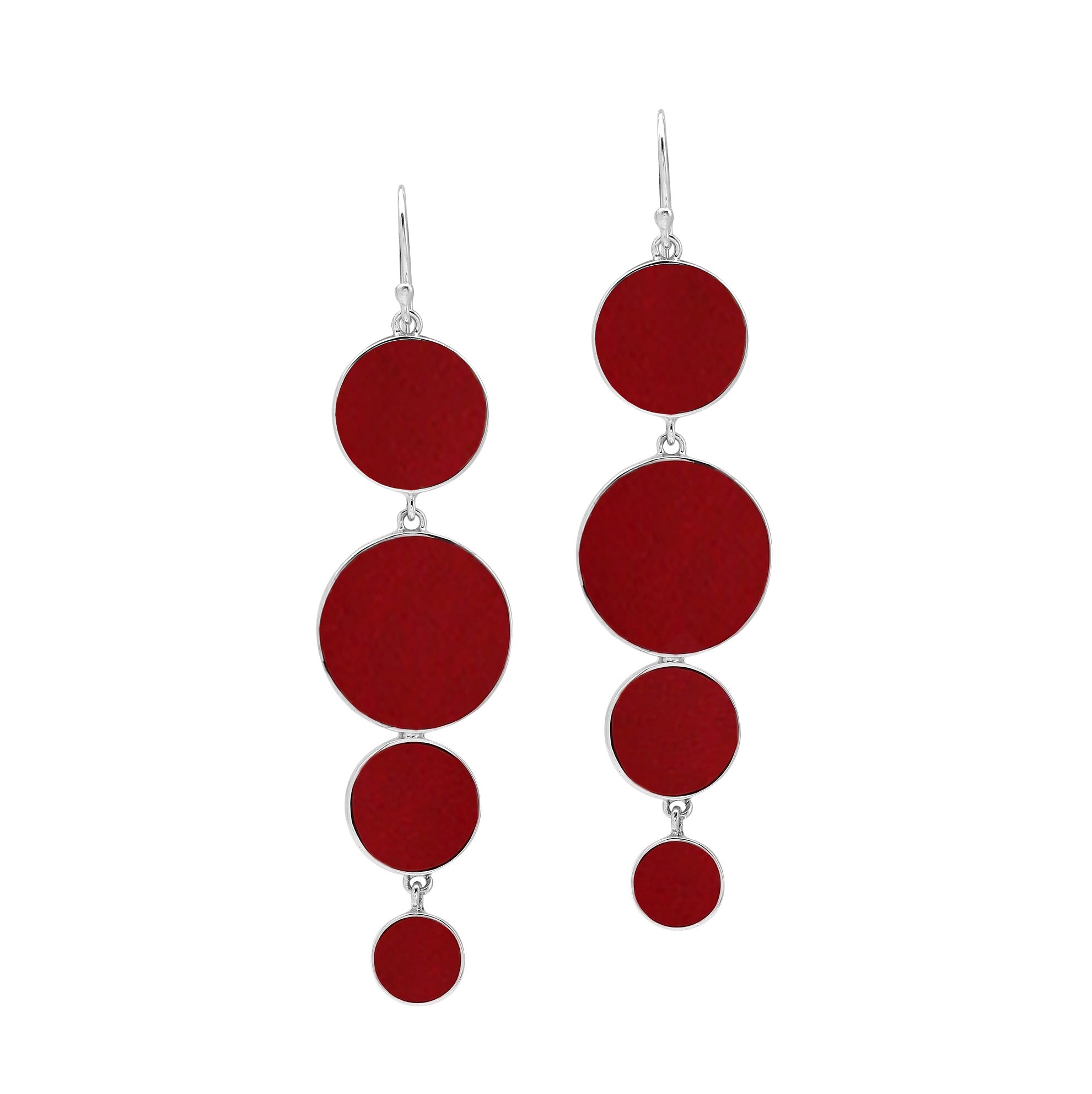 Sterling Silver Red Coral Tiered Multi-Circle Drop Earrings