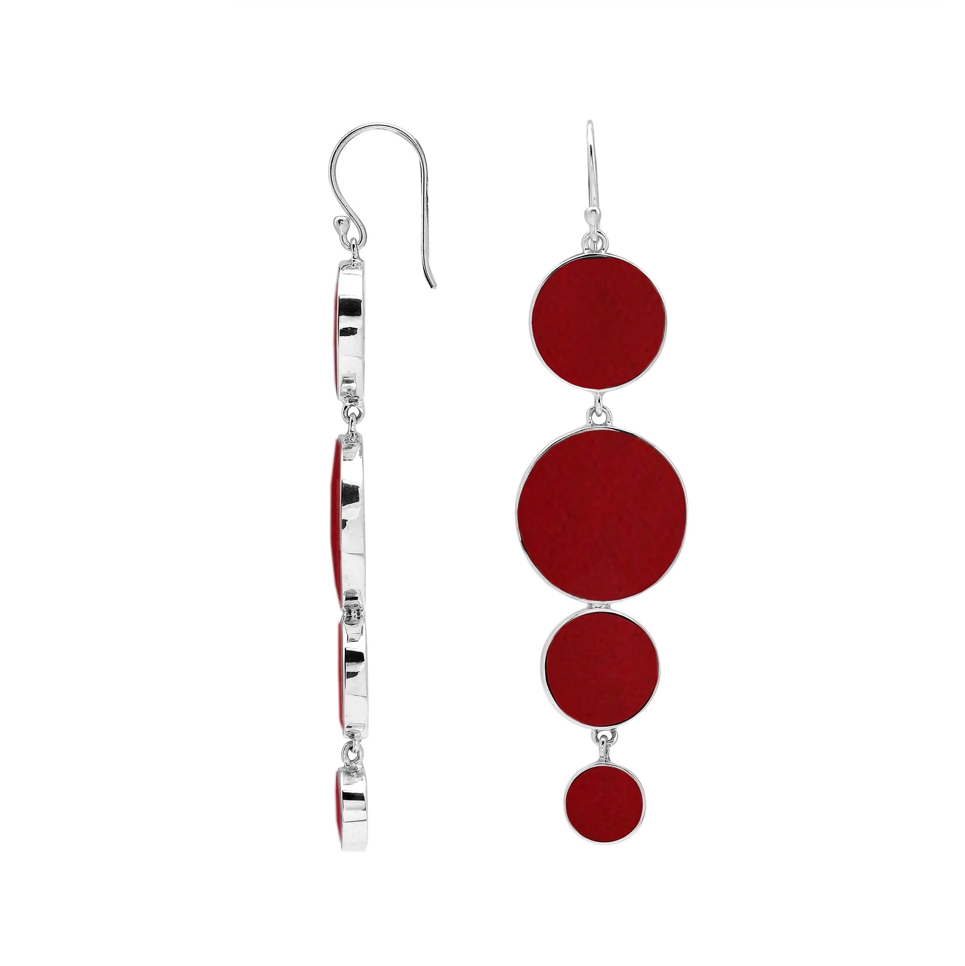 Sterling Silver Red Coral Tiered Multi-Circle Drop Earrings