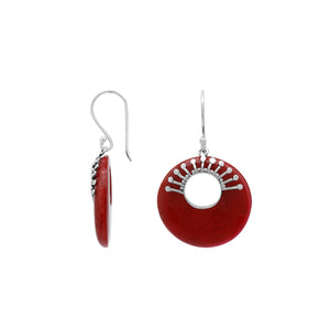 Sterling Silver Red Coral Round Hoop Drop Earrings