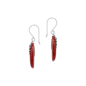 Sterling Silver Red Coral Round Hoop Drop Earrings