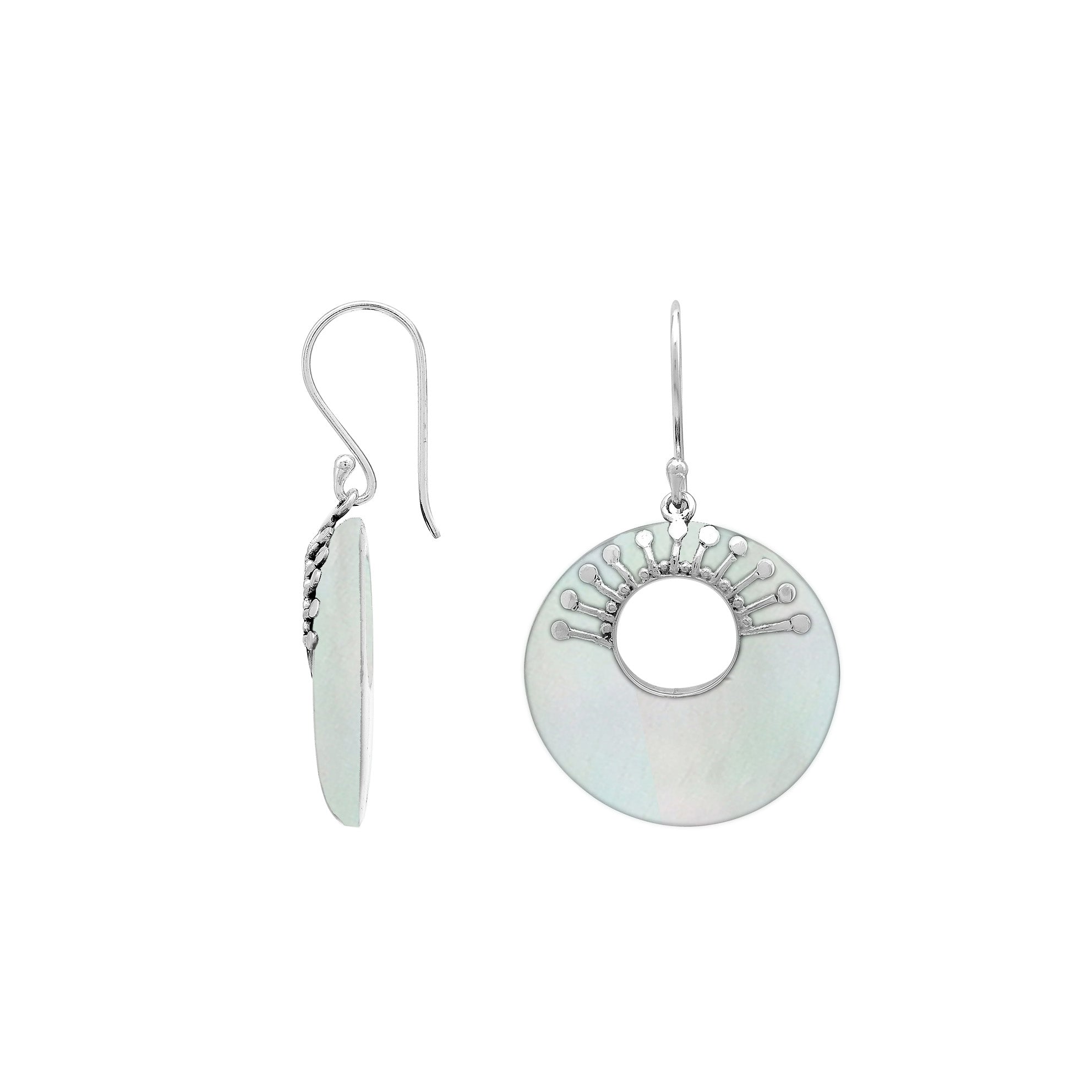 Sterling Silver Mother Of Pearl Round Hoop Drop Earrings