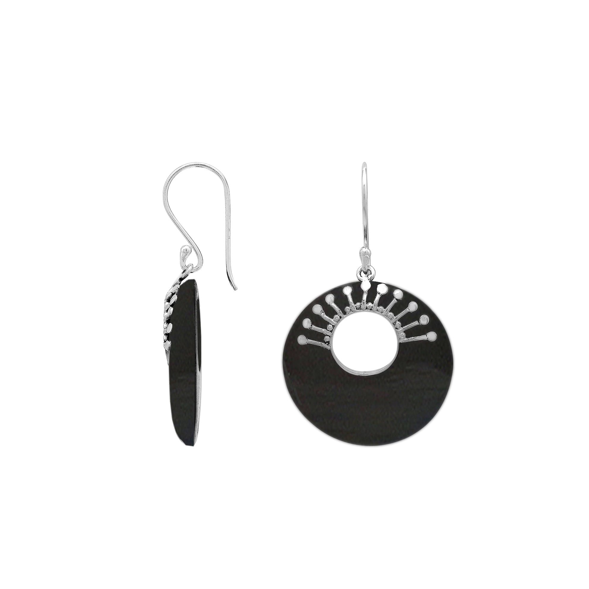 Sterling Silver Black Shell Round Hoop Drop Earrings