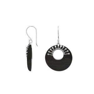 Sterling Silver Black Shell Round Hoop Drop Earrings