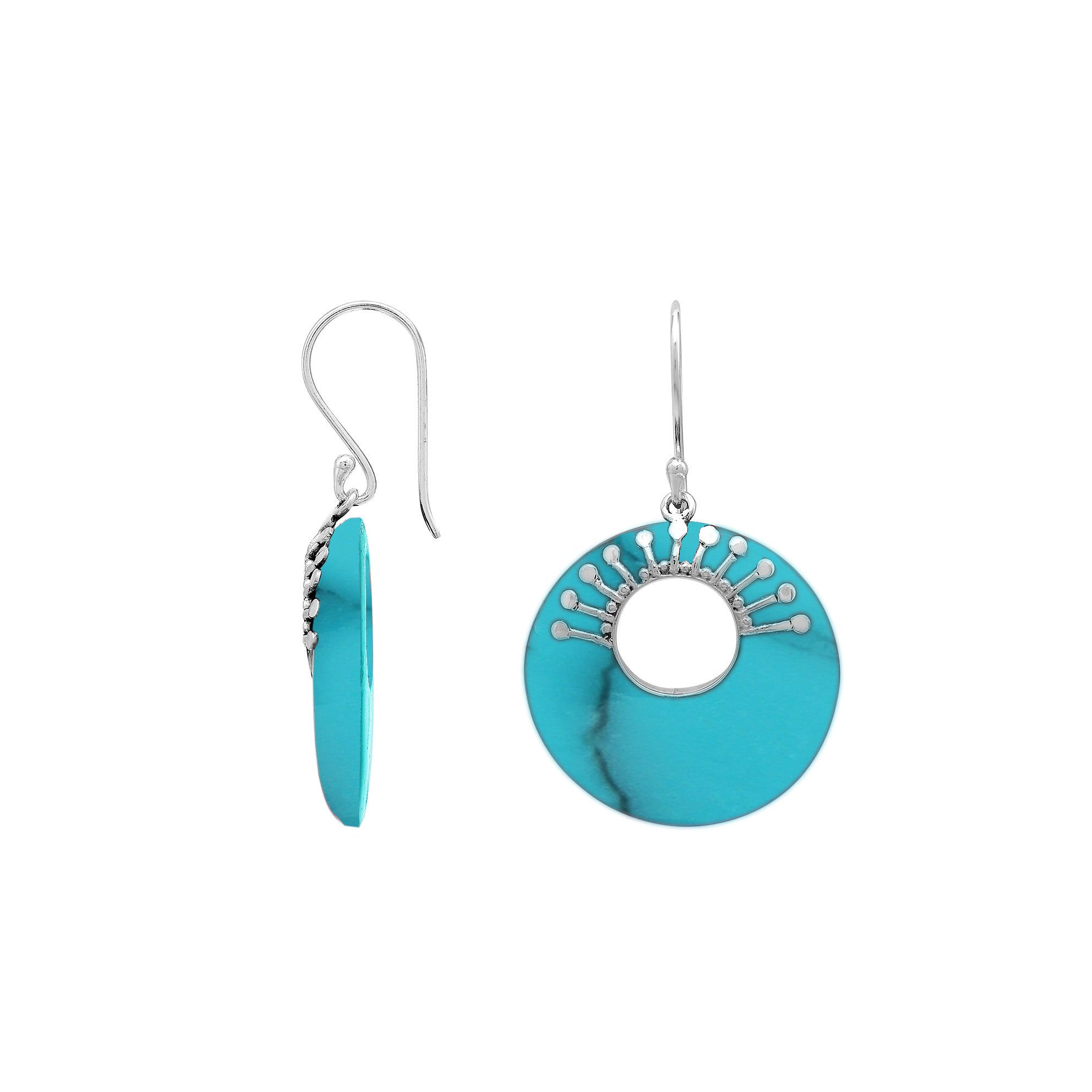Sterling Silver Turquoise Shell Round Hoop Drop Earrings