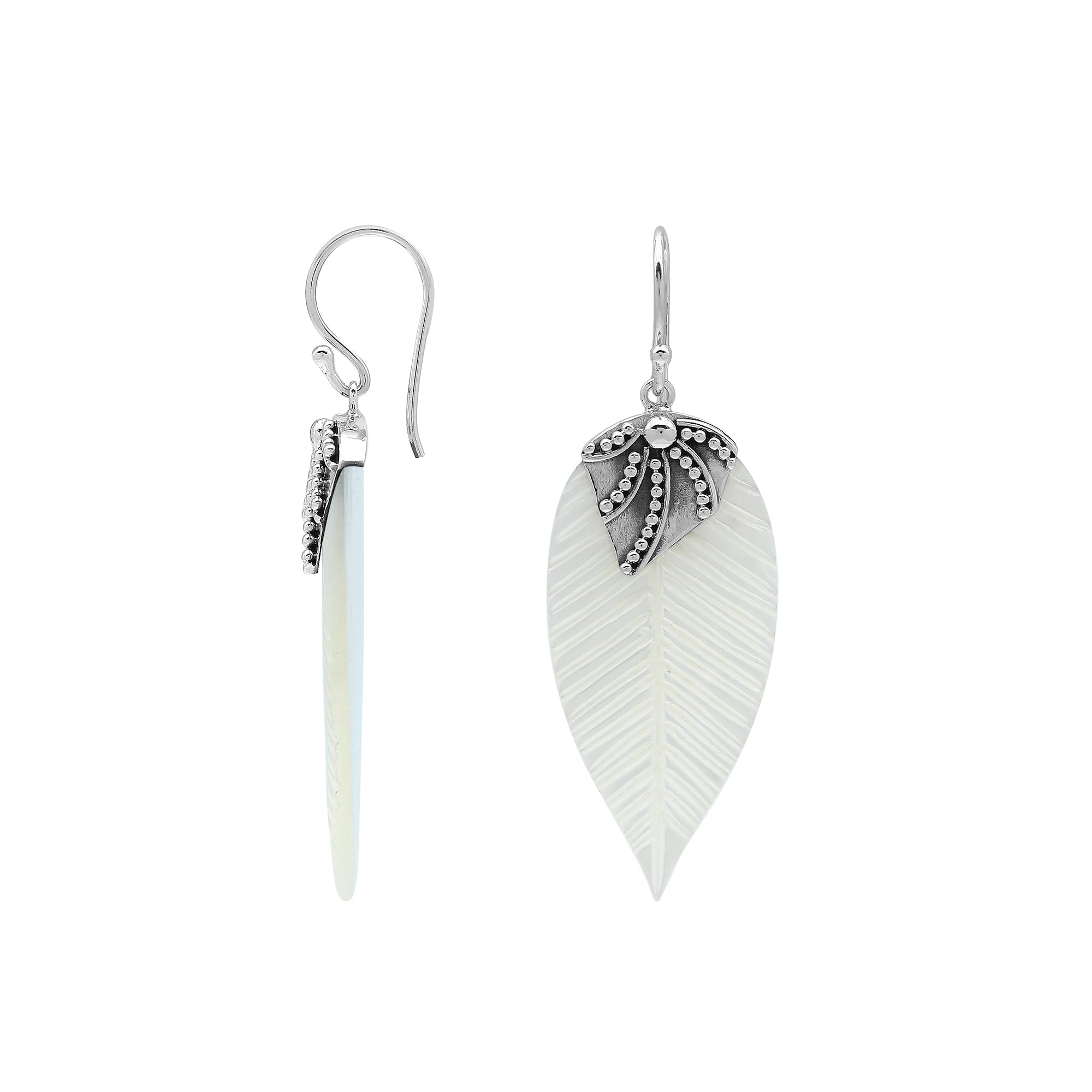Sterling Silver Mother Of Pearl Leaf Drop Earrings Handcrafted In Bali