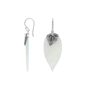 Sterling Silver Mother Of Pearl Leaf Drop Earrings Handcrafted In Bali
