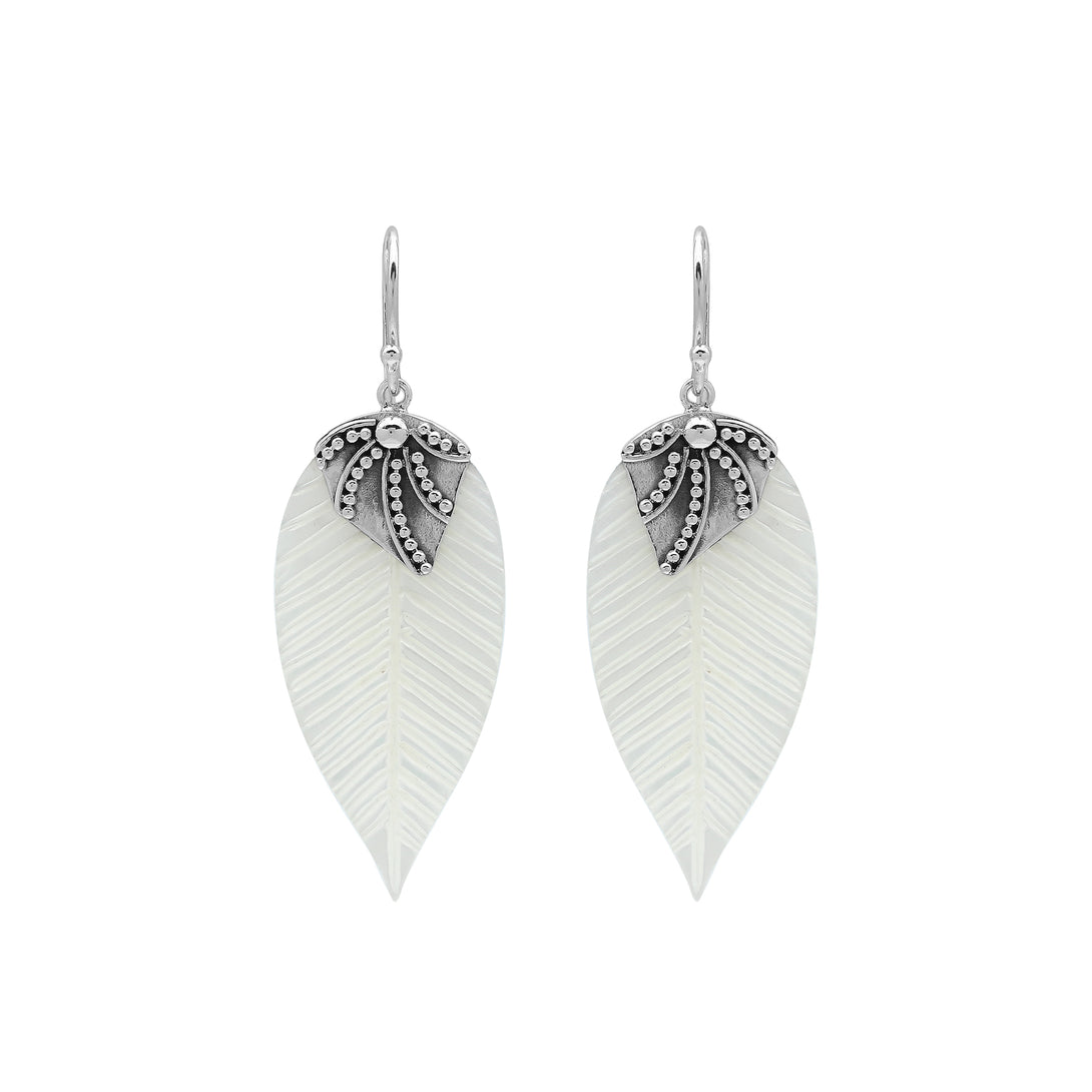 Sterling Silver Mother Of Pearl Leaf Drop Earrings Handcrafted In Bali