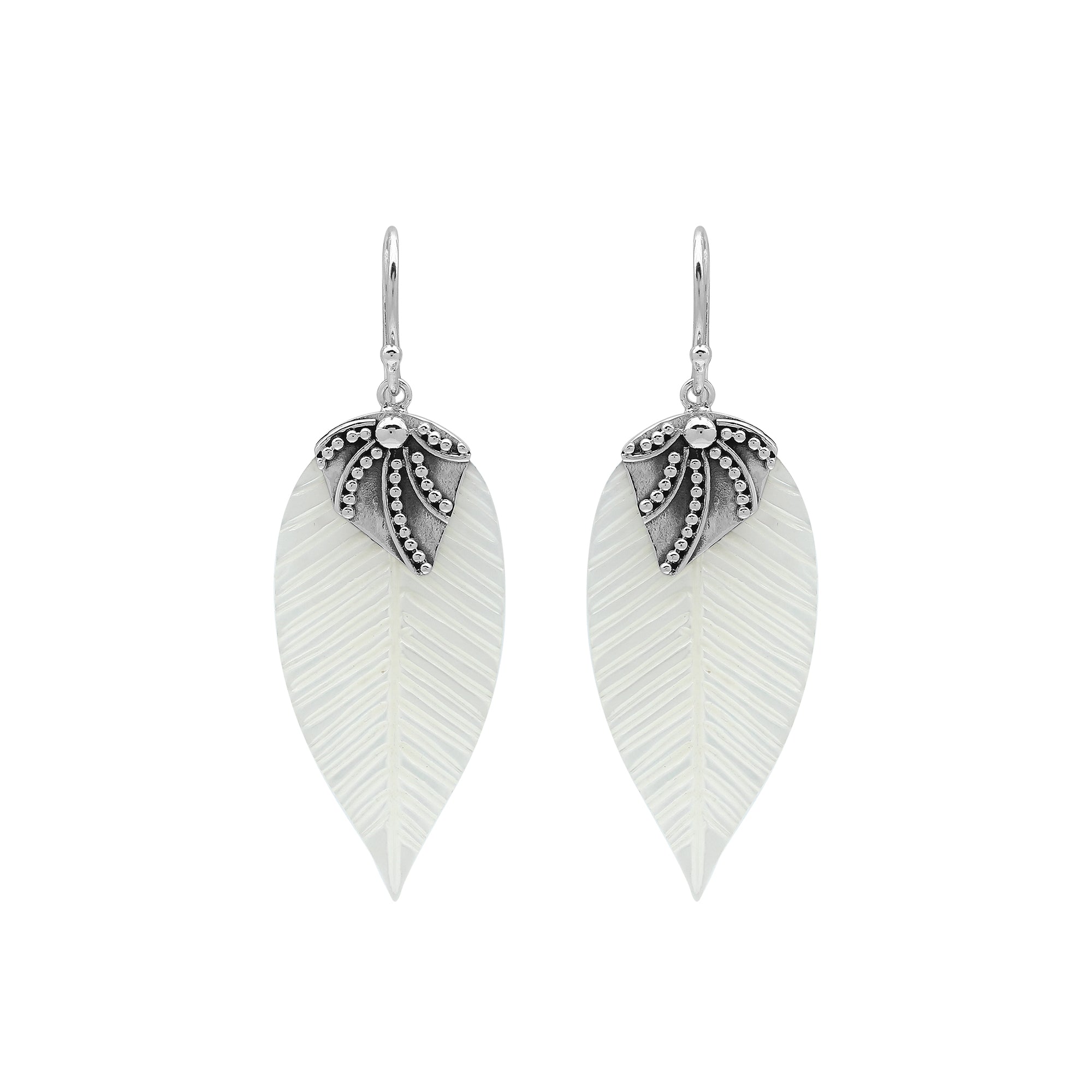 Sterling Silver Mother Of Pearl Leaf Drop Earrings Handcrafted In Bali