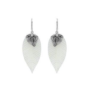 Sterling Silver Mother Of Pearl Leaf Drop Earrings Handcrafted In Bali