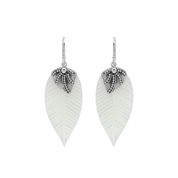 Sterling Silver Mother Of Pearl Leaf Drop Earrings Handcrafted In Bali