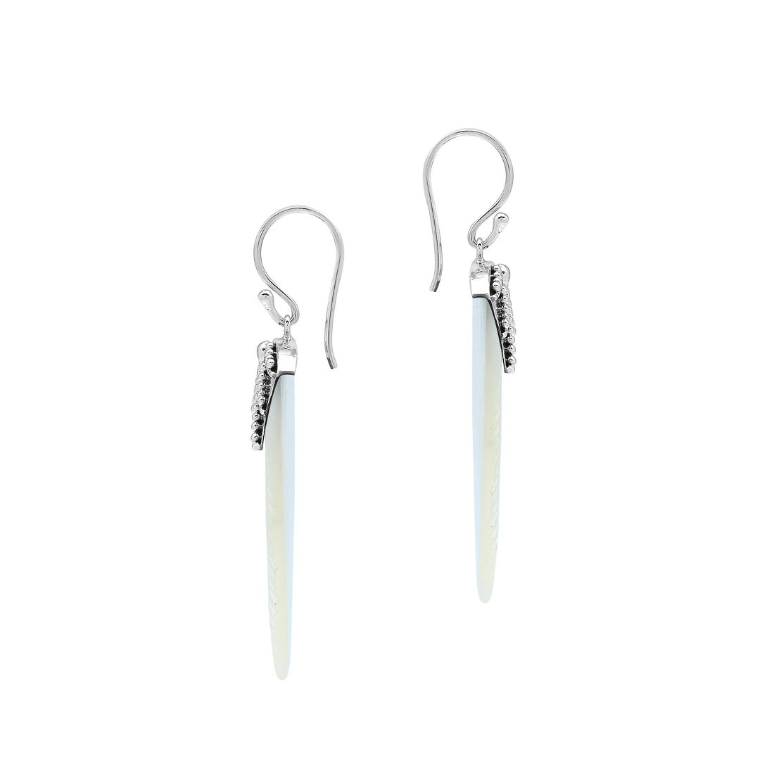 Sterling Silver Mother Of Pearl Leaf Drop Earrings Handcrafted In Bali