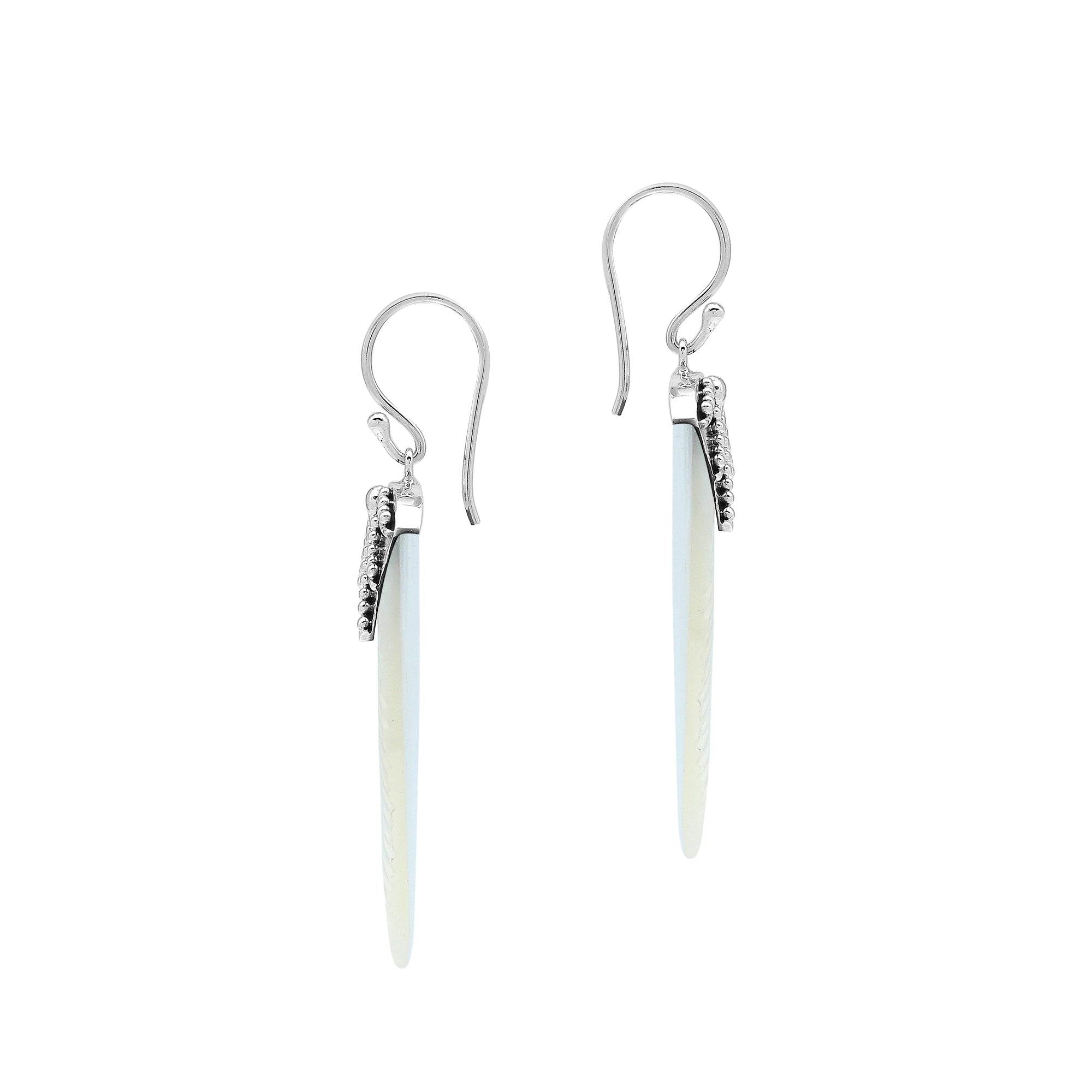 Sterling Silver Mother Of Pearl Leaf Drop Earrings Handcrafted In Bali