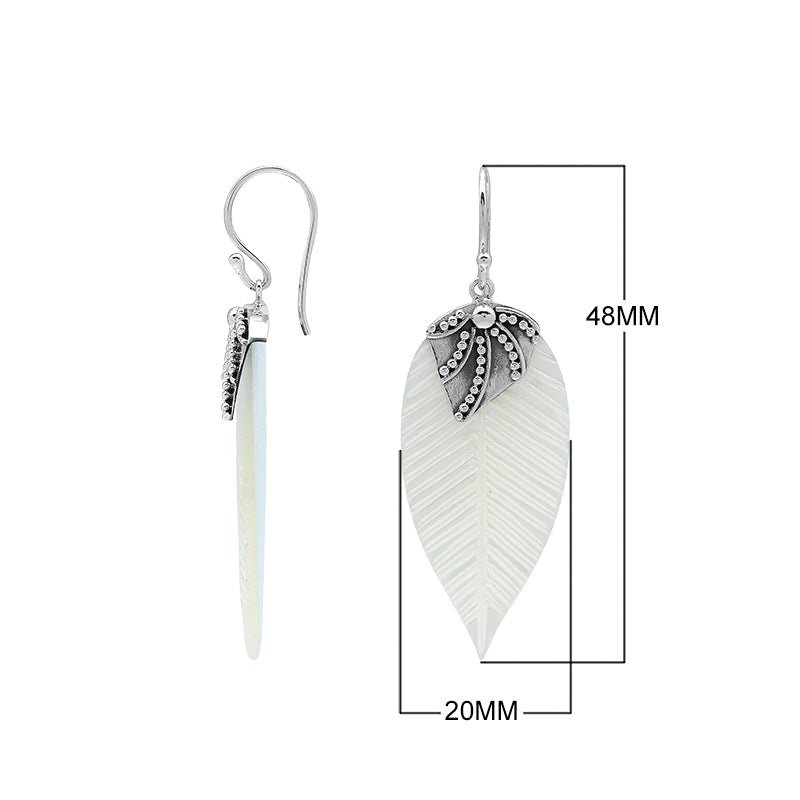 Sterling Silver Mother Of Pearl Leaf Drop Earrings Handcrafted In Bali