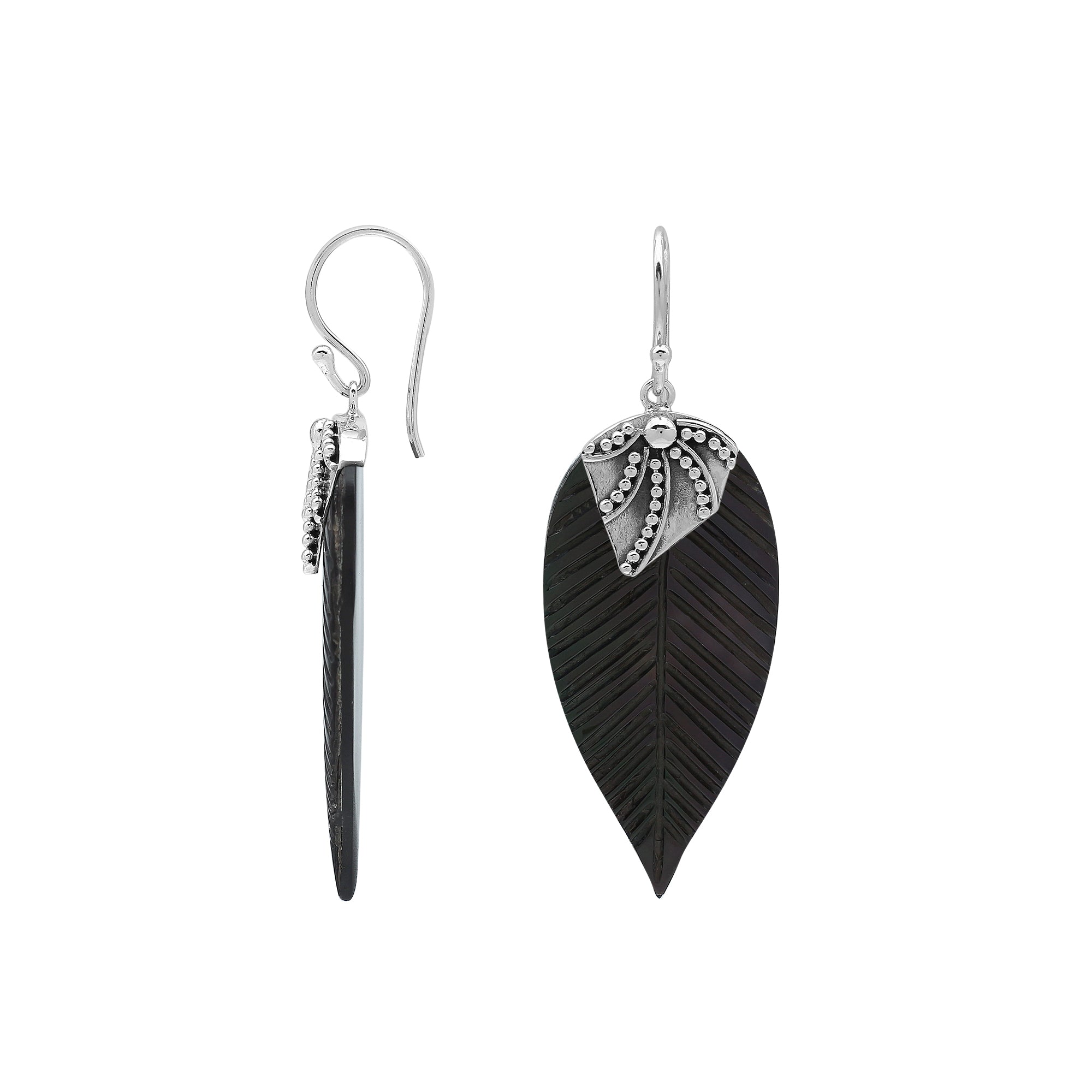 Sterling Silver Black Shell Leaf Dangle Earrings Handcrafted In Bali