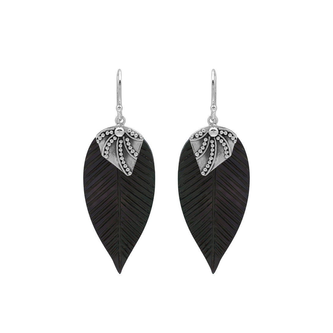 Sterling Silver Black Shell Leaf Dangle Earrings Handcrafted In Bali