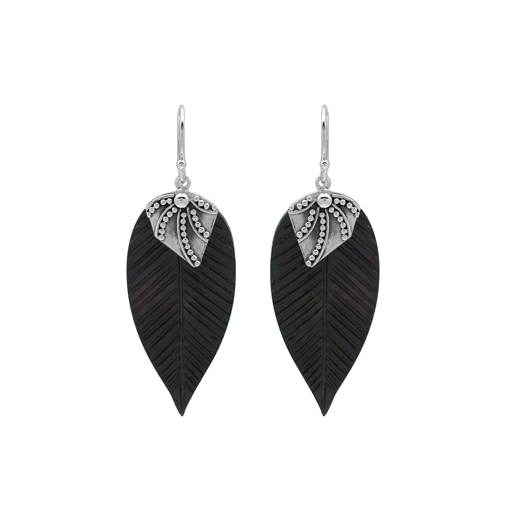 Sterling Silver Black Shell Leaf Dangle Earrings Handcrafted In Bali