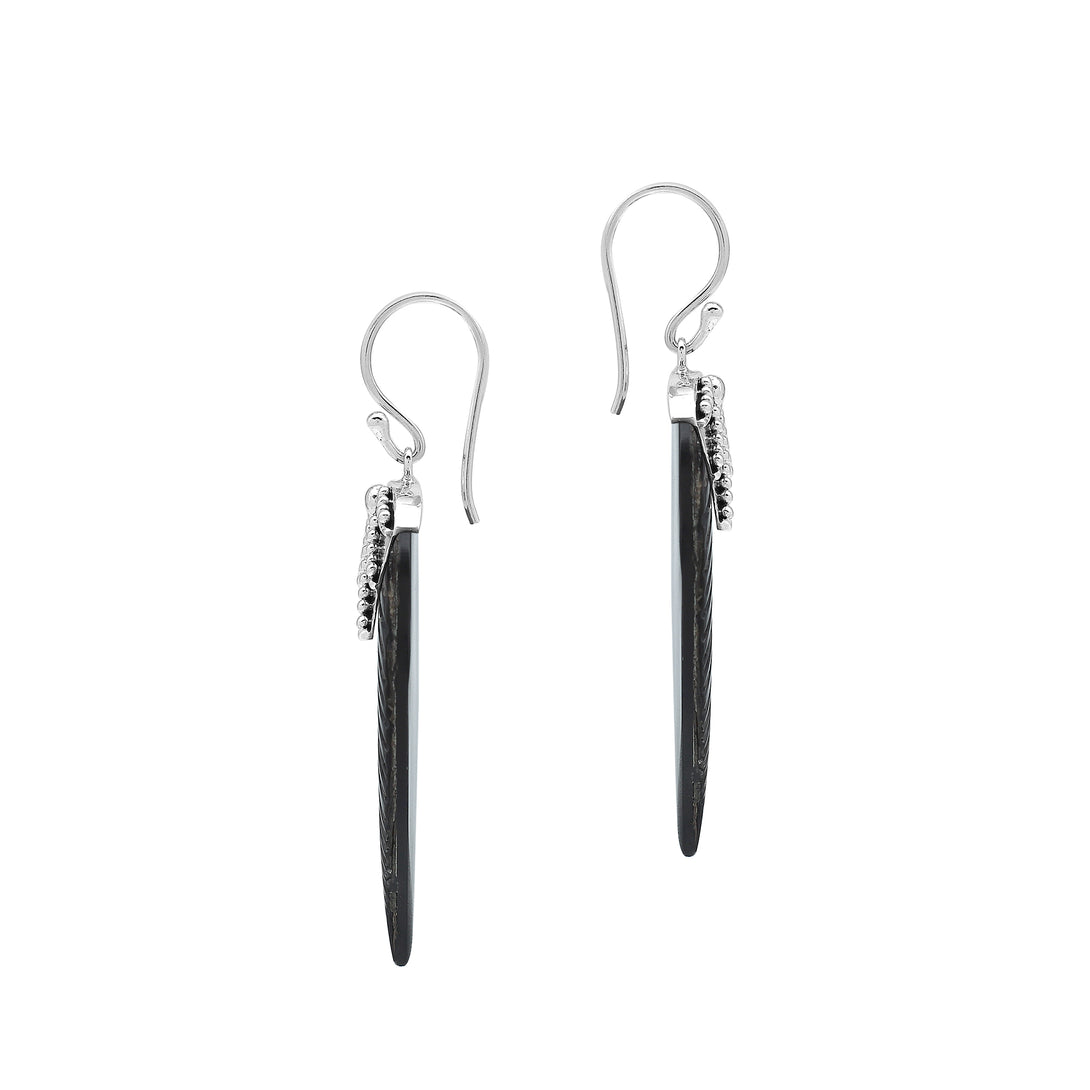 Sterling Silver Black Shell Leaf Dangle Earrings Handcrafted In Bali