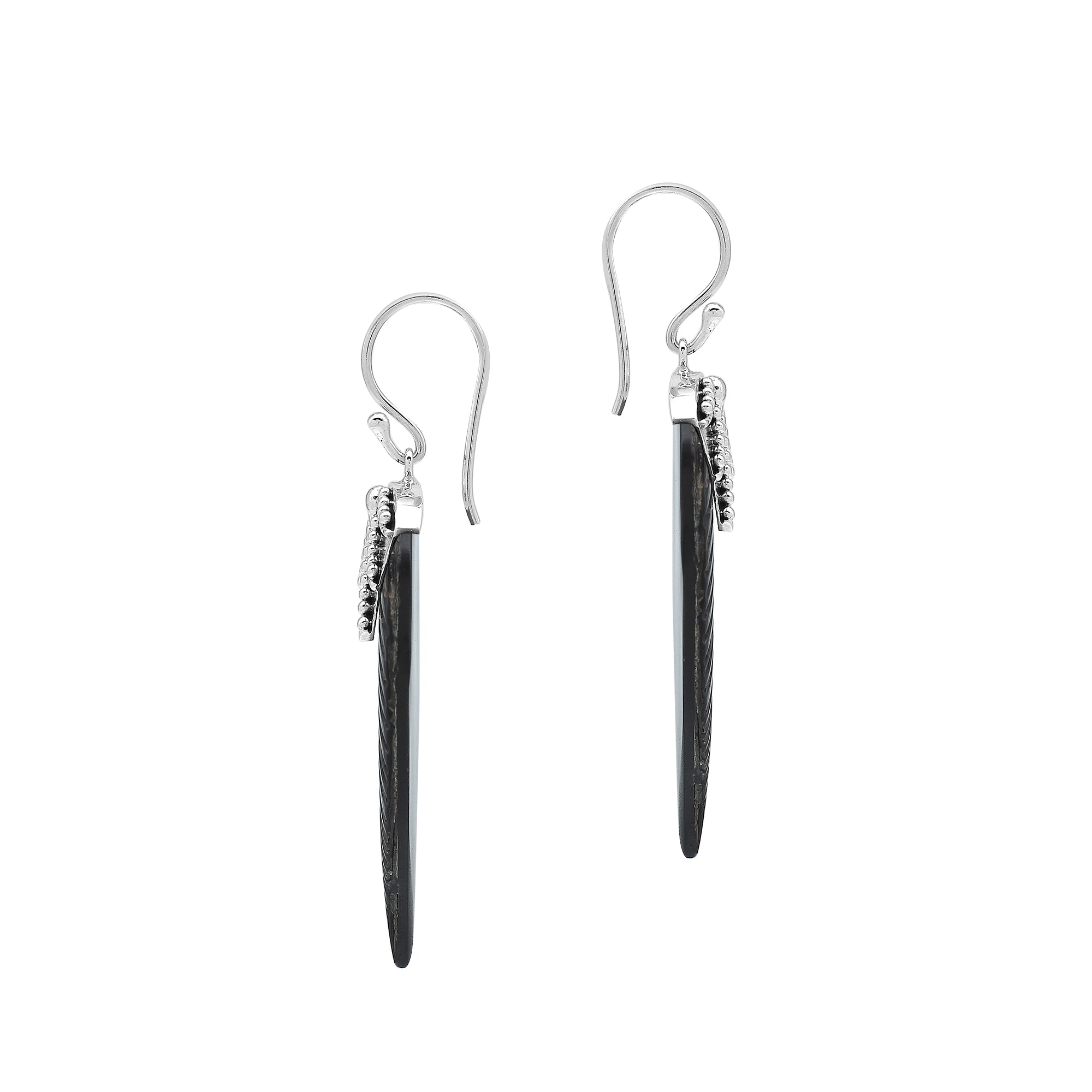 Sterling Silver Black Shell Leaf Dangle Earrings Handcrafted In Bali