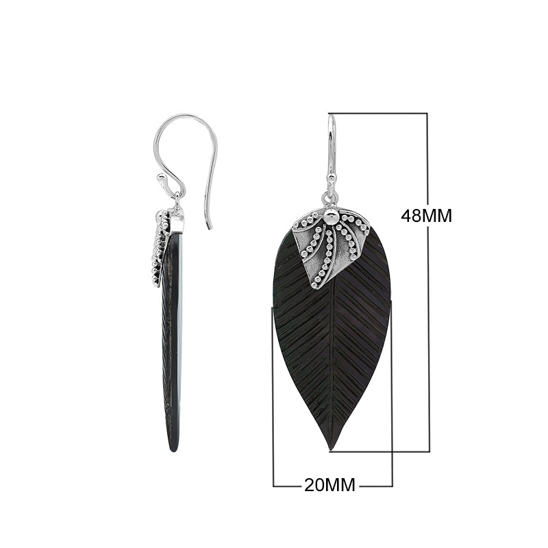 Sterling Silver Black Shell Leaf Dangle Earrings Handcrafted In Bali