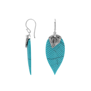Sterling Silver Turquoise Leaf Dangle Earrings Handcrafted In Bali