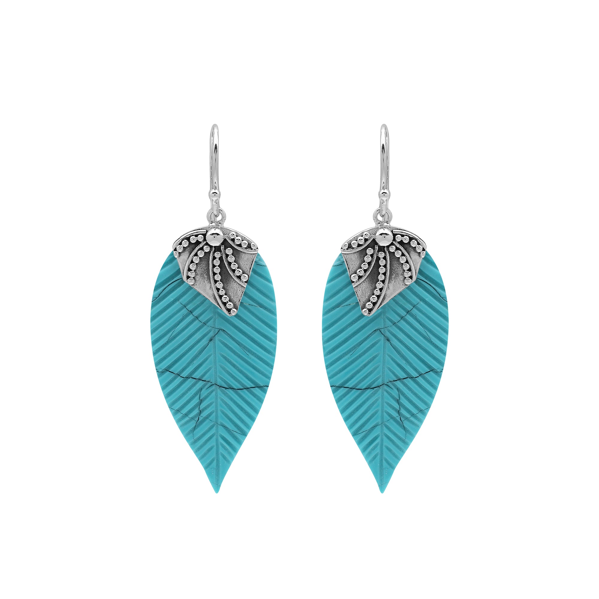 Sterling Silver Turquoise Leaf Dangle Earrings Handcrafted In Bali