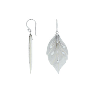 Sterling silver mother of pearl leaf earrings with carved detailing and polished finish
