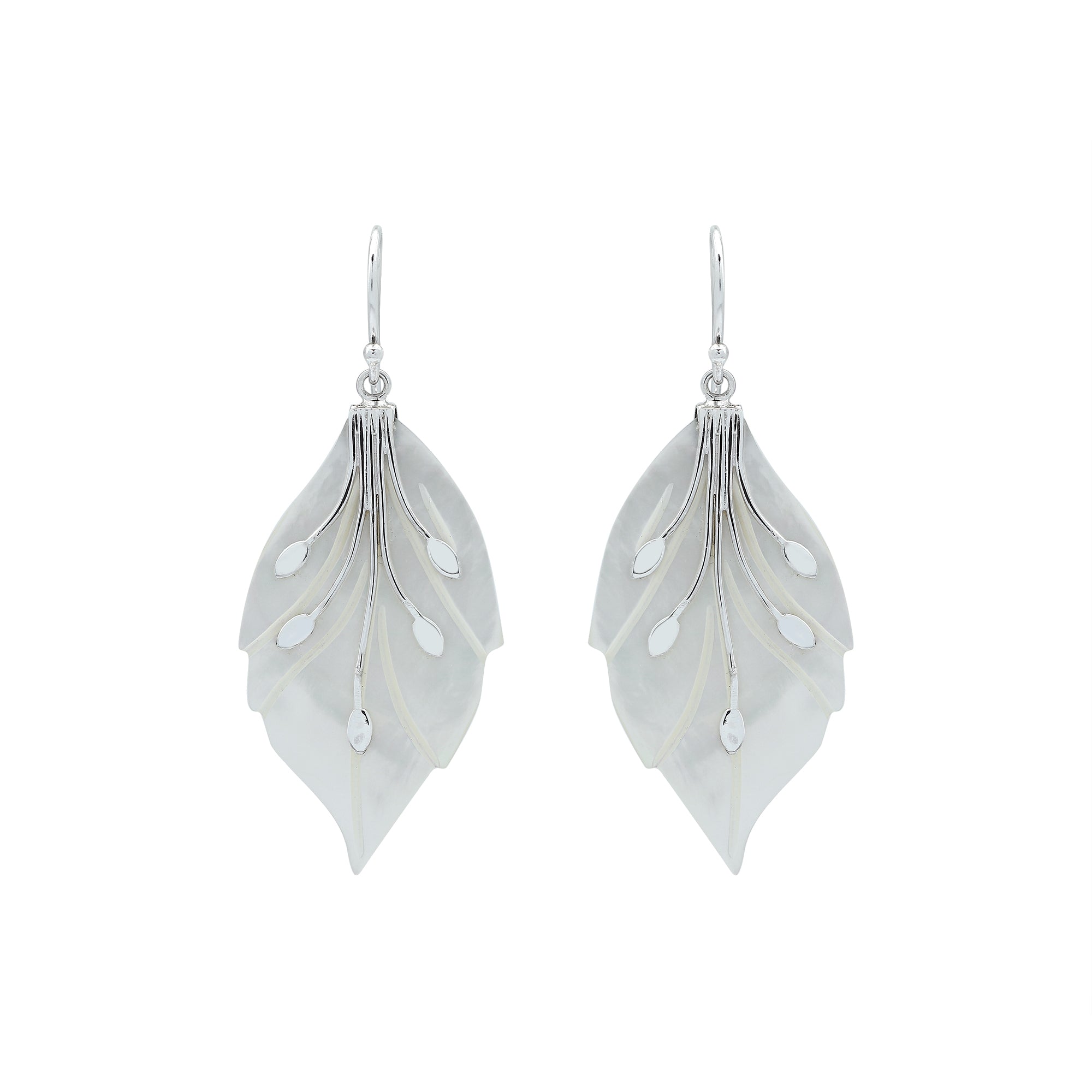 Sterling silver mother of pearl leaf earrings with carved detailing and polished finish