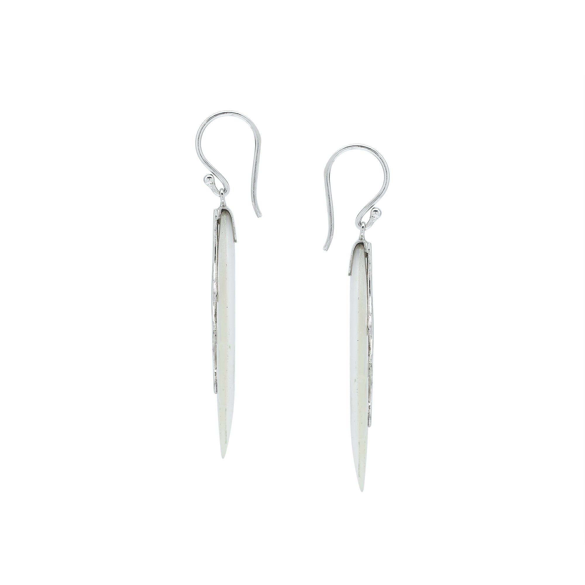 Sterling silver mother of pearl leaf earrings with carved detailing and polished finish