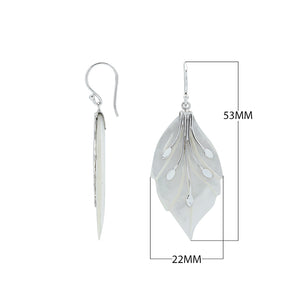 Sterling silver mother of pearl leaf earrings with carved detailing and polished finish